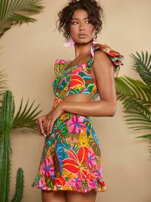 Travachic Tropical Print Cut Out Waist Ruffle Hem Dress Hawaiian Dress - Multicolor - View 3
