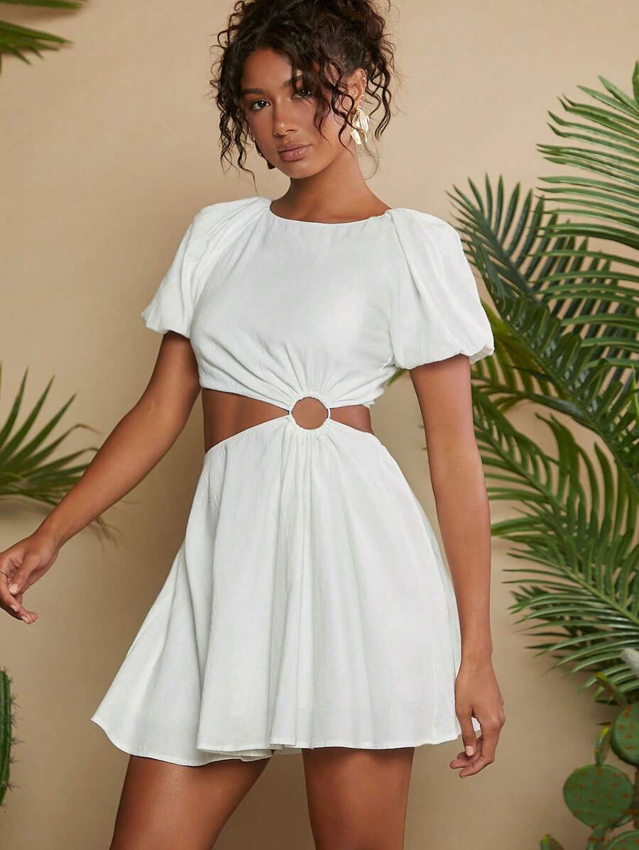 SHEIN WYWH Cut Out Waist Puff Sleeve O-ring Detail Dress - White - View 1