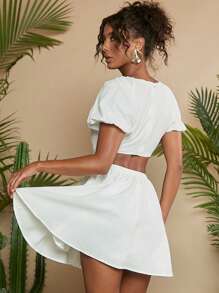 SHEIN WYWH Cut Out Waist Puff Sleeve O-ring Detail Dress - White - View 2