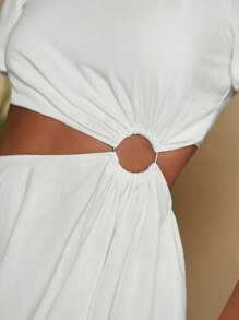 SHEIN WYWH Cut Out Waist Puff Sleeve O-ring Detail Dress - White - View 3