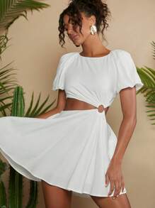 SHEIN WYWH Cut Out Waist Puff Sleeve O-ring Detail Dress - White - View 4