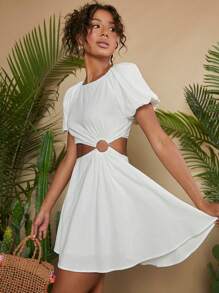 SHEIN WYWH Cut Out Waist Puff Sleeve O-ring Detail Dress - White - View 5