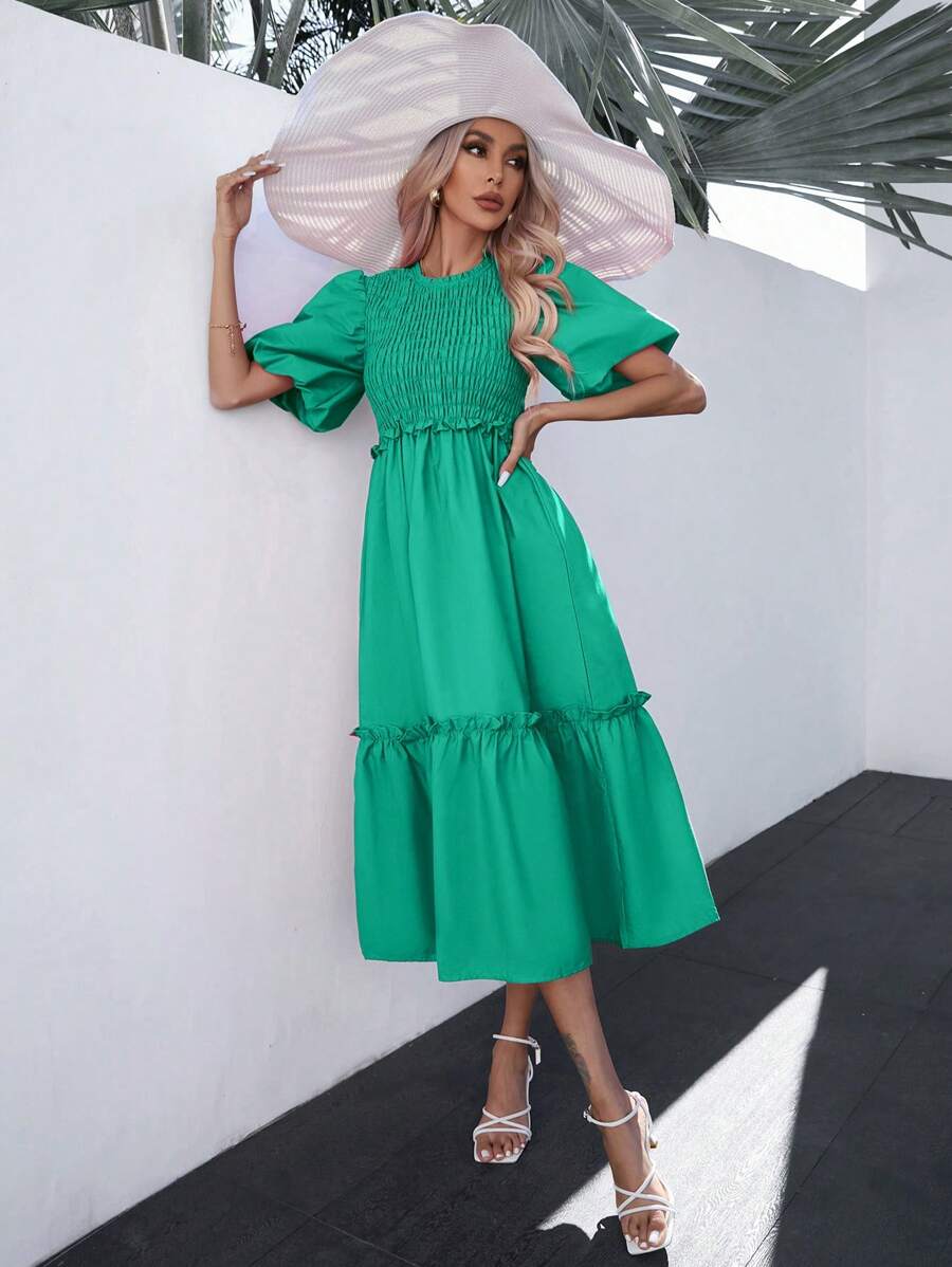 GENKIRA Solid Puff Sleeve Ruffle Hem Dress - Green - View 1