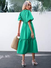 GENKIRA Solid Puff Sleeve Ruffle Hem Dress - Green - View 2