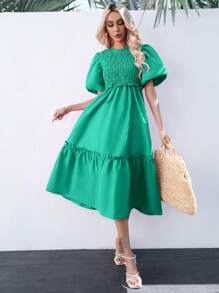 GENKIRA Solid Puff Sleeve Ruffle Hem Dress - Green - View 3