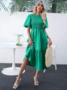 GENKIRA Solid Puff Sleeve Ruffle Hem Dress - Green - View 6