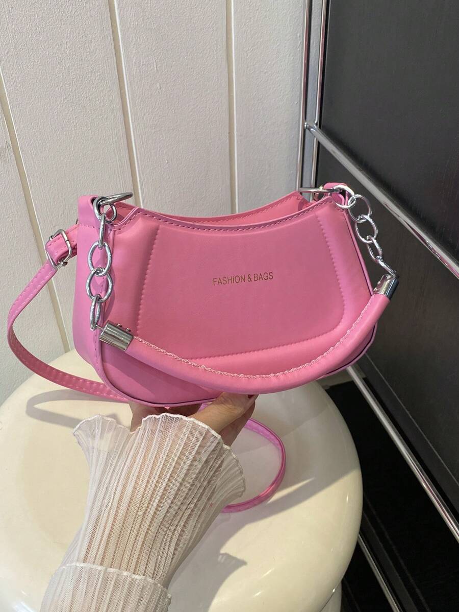 字母細節流浪包粉色時尚單肩包粉色 - 粉色 - 查看 1