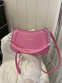 字母細節流浪包粉色時尚單肩包粉色 - 粉色 - 查看 8