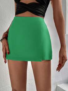 SHEIN BAE Solid High Waist Skort - Green - View 5