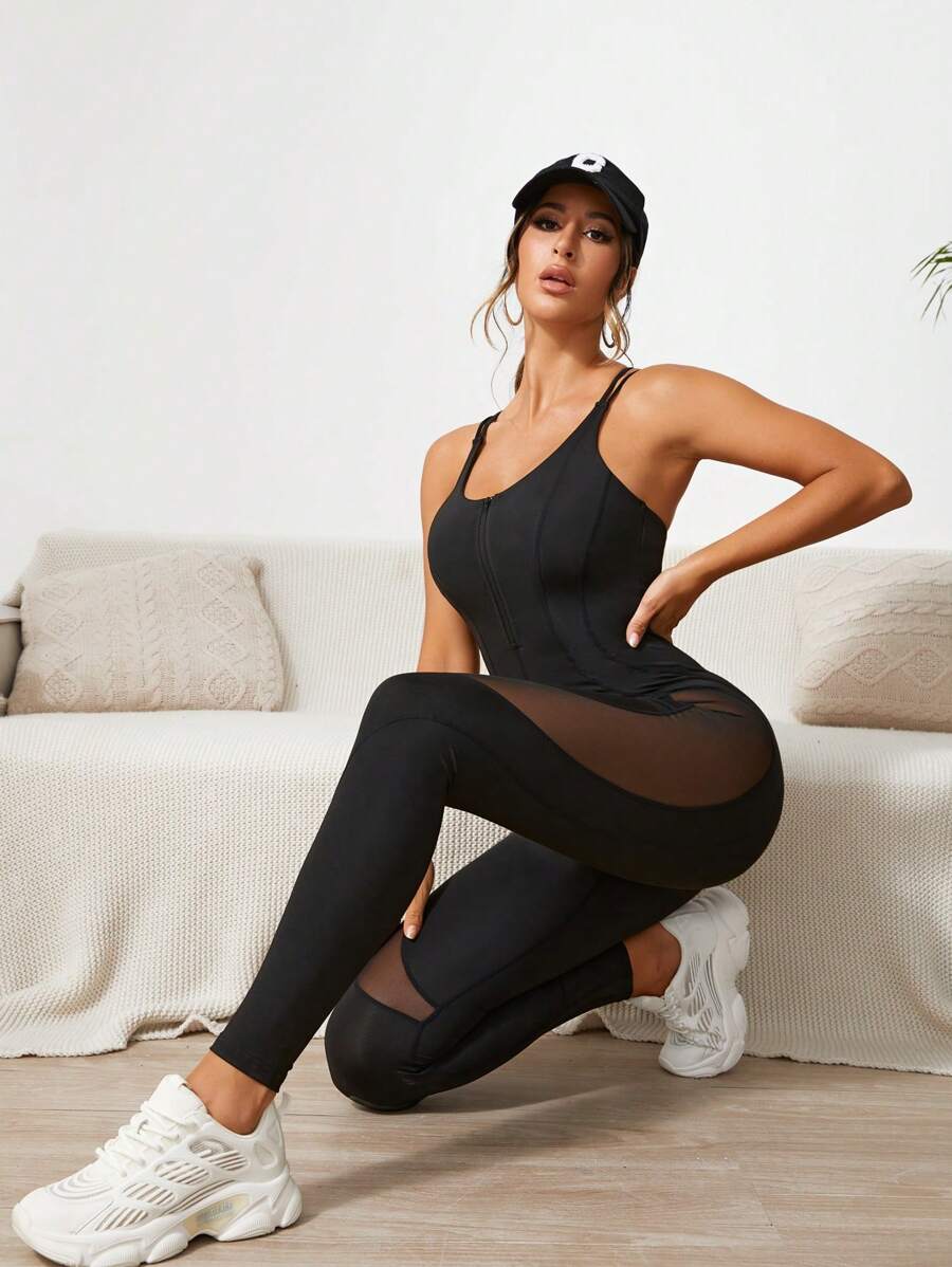 Yoga Sxy Contrast Mesh Insert Cami Sports Jumpsuit - Black - View 1