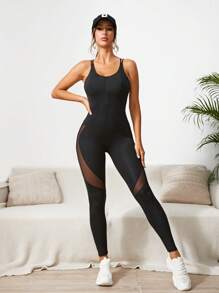 Yoga Sxy Contrast Mesh Insert Cami Sports Jumpsuit - Black - View 5