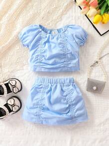 嬰兒褶邊泡泡袖前收褶T恤和裙子 - 淺藍色 - 查看 1