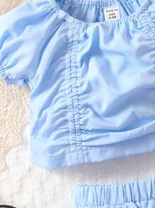 嬰兒褶邊泡泡袖前收褶T恤和裙子 - 淺藍色 - 查看 3