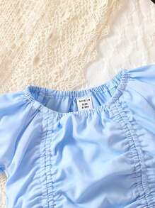 嬰兒褶邊泡泡袖前收褶T恤和裙子 - 淺藍色 - 查看 5