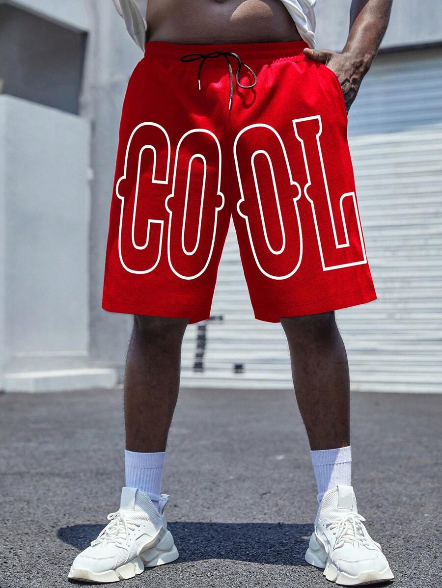 Manfinity EMRG 男士字母圖案腰部抽繩短褲 - 紅色 - 查看 1