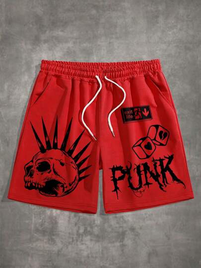 Grunge Punk Guys Skull Letter Graphic Drawstring Waist Shorts