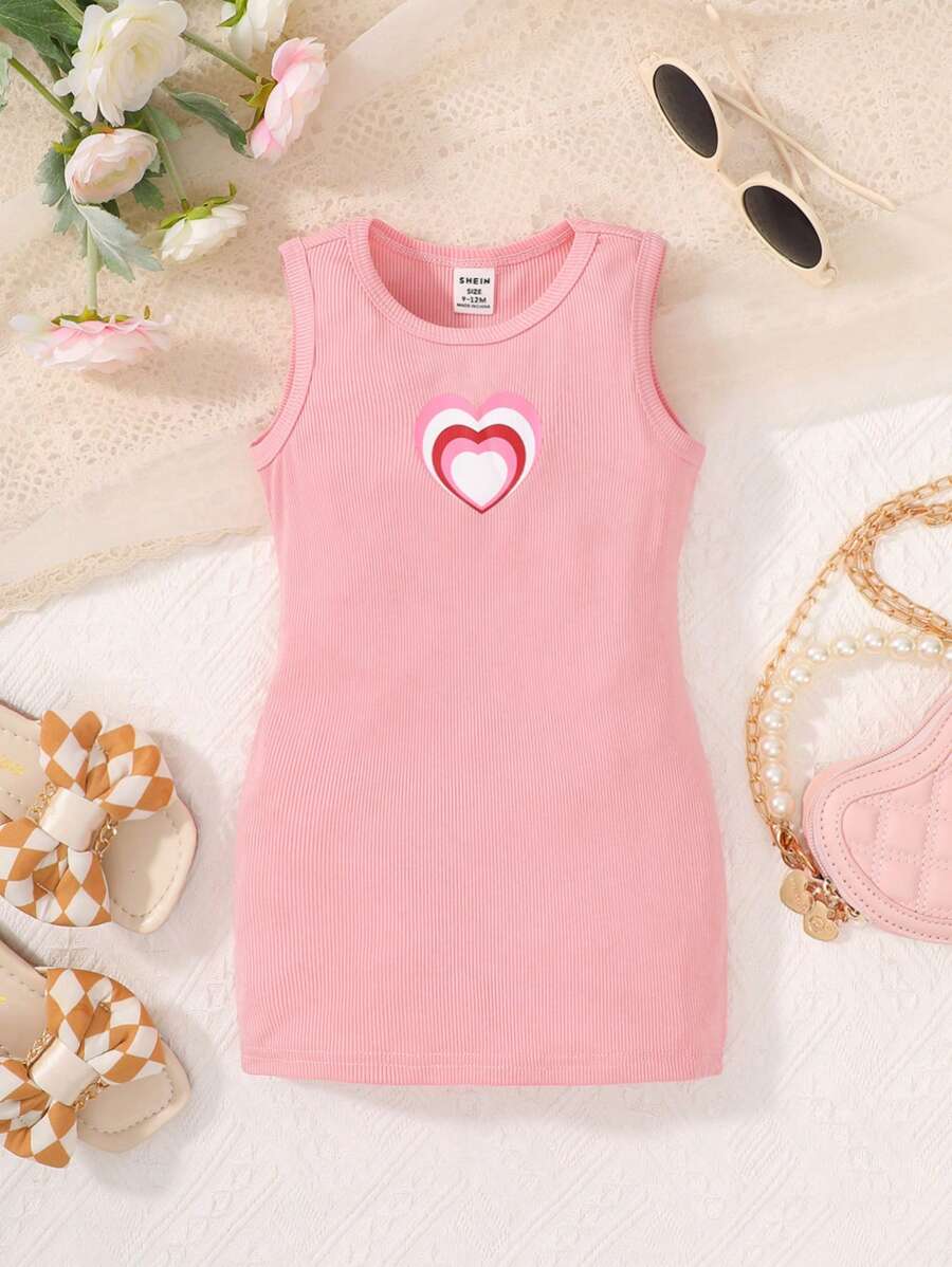 Baby Girl Heart Print Tank Dress - Pink - View 1
