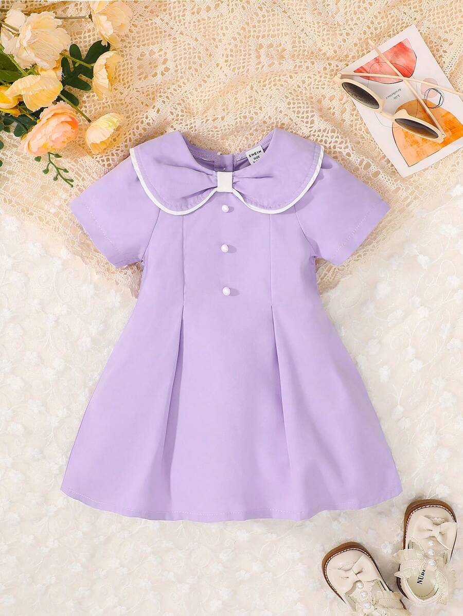 SHEIN Baby Peter Pan Collar Button Detail Pleated Detail Dress - Purple - View 1