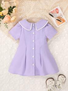 SHEIN Baby Peter Pan Collar Button Detail Pleated Detail Dress - Purple - View 2