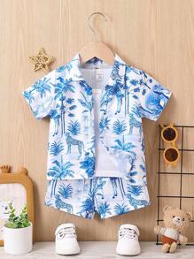 男嬰椰子樹圖案襯衫和短褲不帶T恤 - 藍色 - 查看 1