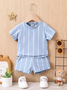 Baby Boy Striped Print Tee & Shorts - Blue - View 1