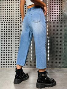 SHEIN ICON Quần jean nữ Nút Túi Dây kéo màu trơn - Rửa nhẹ - Xem 2