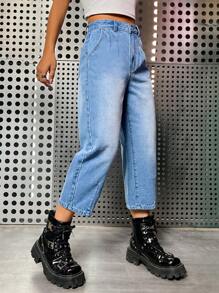 SHEIN ICON Quần jean nữ Nút Túi Dây kéo màu trơn - Rửa nhẹ - Xem 5