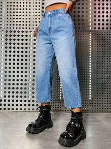 SHEIN ICON Quần jean nữ Nút Túi Dây kéo màu trơn - Rửa nhẹ - Xem 4