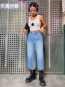 SHEIN ICON Quần jean nữ Nút Túi Dây kéo màu trơn - Rửa nhẹ - Xem 1