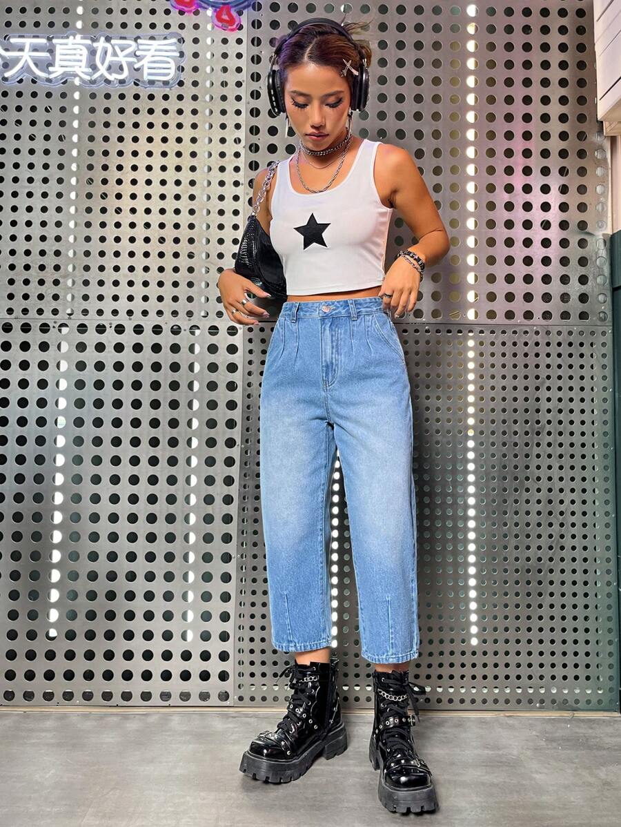 SHEIN ICON Quần jean nữ Nút Túi Dây kéo màu trơn - Rửa nhẹ - Xem 1