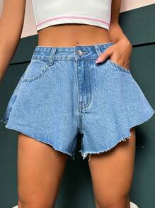 SHEIN ICON 毛邊闊腿牛仔短褲