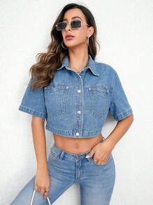 SHEIN Essnce Áo khoác denim nữ Nút Túi Nút phía trước màu trơn Giải trí - Rửa trung bình - Xem 5