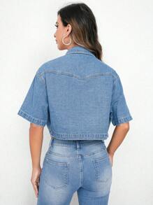 SHEIN Essnce Áo khoác denim nữ Nút Túi Nút phía trước màu trơn Giải trí - Rửa trung bình - Xem 3