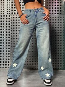 SHEIN ICON Star Print Wide Leg Jeans - Light Wash - View 2