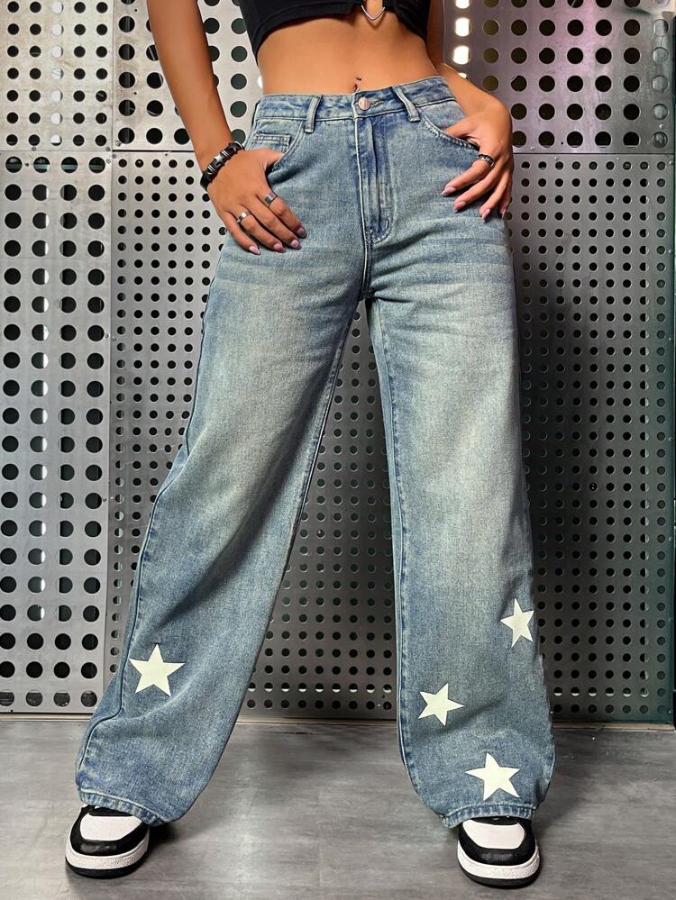 Star Print Wide Leg Jeans