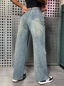 SHEIN ICON Star Print Wide Leg Jeans - Light Wash - View 3