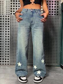 SHEIN ICON Star Print Wide Leg Jeans - Light Wash - View 1