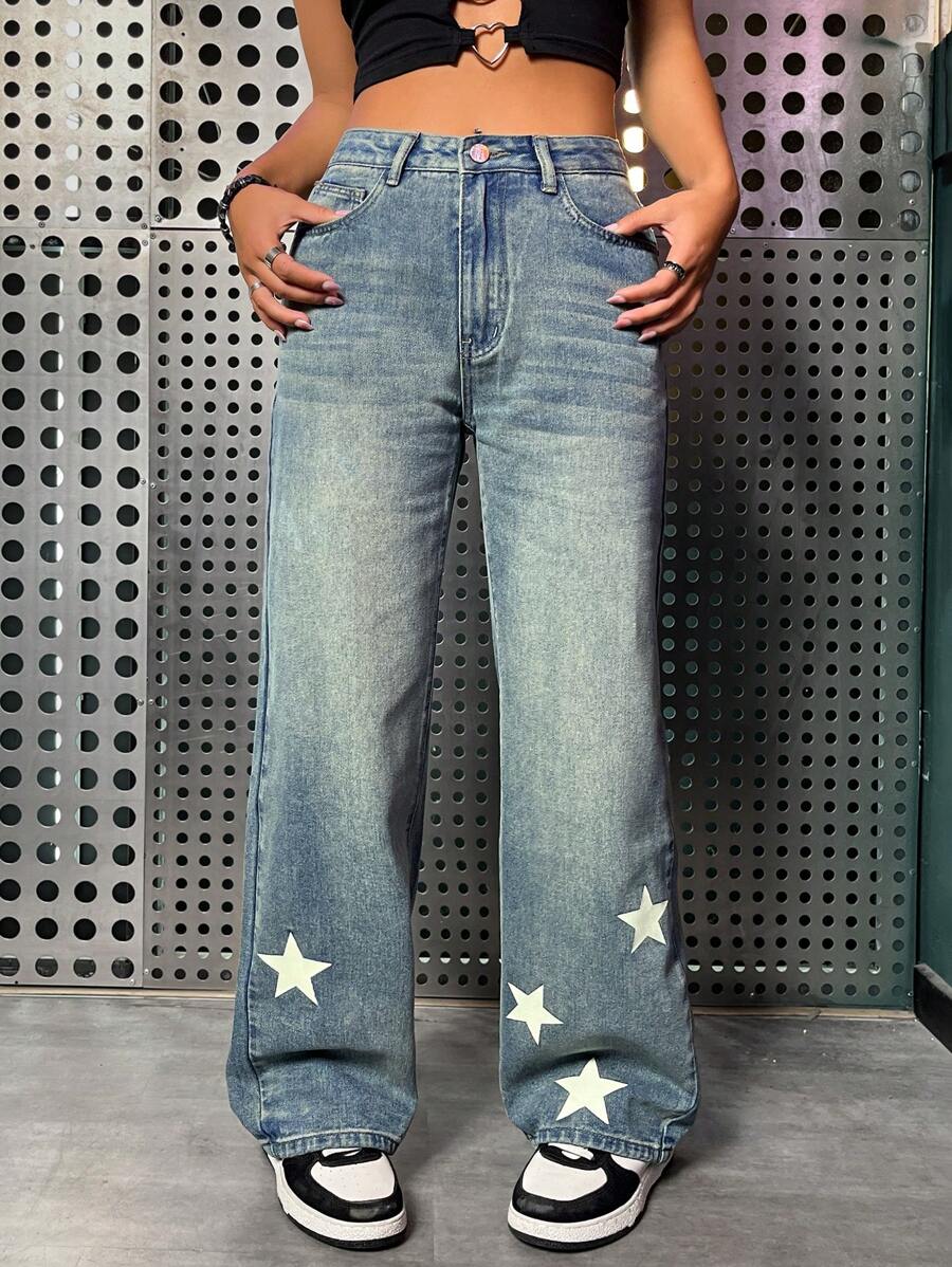 SHEIN ICON Star Print Wide Leg Jeans - Light Wash - View 1