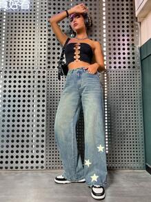 SHEIN ICON Star Print Wide Leg Jeans - Light Wash - View 6