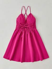 Soleia 素色前打結露背吊帶連衣裙 - 玫紅色 - 查看 5