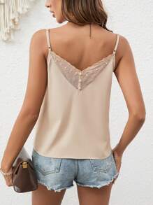 SHEIN Frenchy 拼接網紗刺繡吊帶上衣 - 米色 - 查看 2