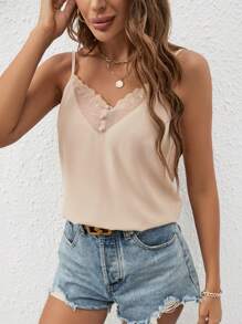 SHEIN Frenchy 拼接網紗刺繡吊帶上衣 - 米色 - 查看 3