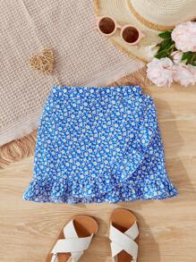 SHEIN 少女1件小花印花荷葉邊包裹式裙子 - 藍白色 - 查看 1