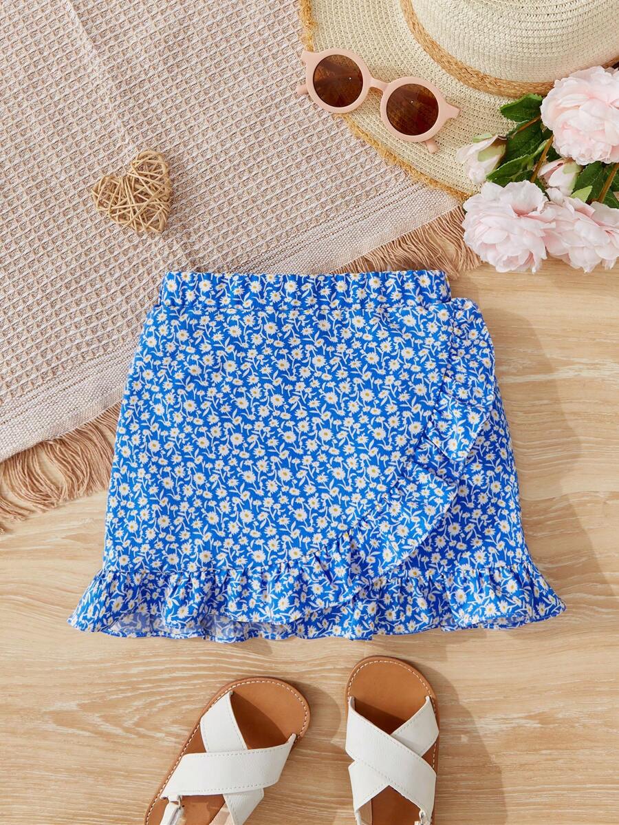 SHEIN 少女1件小花印花荷葉邊包裹式裙子 - 藍白色 - 查看 1