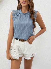 SHEIN Frenchy 圓點拼接水溶蕾絲小高領襯衫 - 霧霾藍 - 查看 3