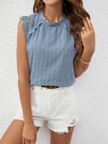 SHEIN Frenchy 圓點拼接水溶蕾絲小高領襯衫 - 霧霾藍 - 查看 5