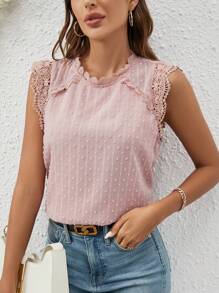 SHEIN Frenchy 圓點蕾絲拼接無袖襯衫 - 藕粉色 - 查看 1