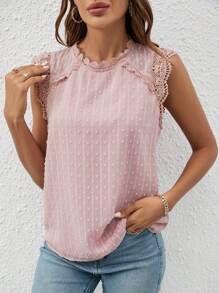 SHEIN Frenchy 圓點蕾絲拼接無袖襯衫 - 藕粉色 - 查看 3