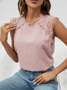 SHEIN Frenchy 圓點蕾絲拼接無袖襯衫 - 藕粉色 - 查看 5