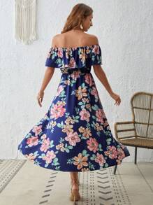 SHEIN VCAY Áo liền quần nữ Xù Hoa Tất cả trên in Boho - Màu xanh hải quân - Xem 2